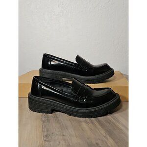 Madden Girl Shoes Women's Sz 8M Chunky Platform Y2K Penny Loafer Black Patent